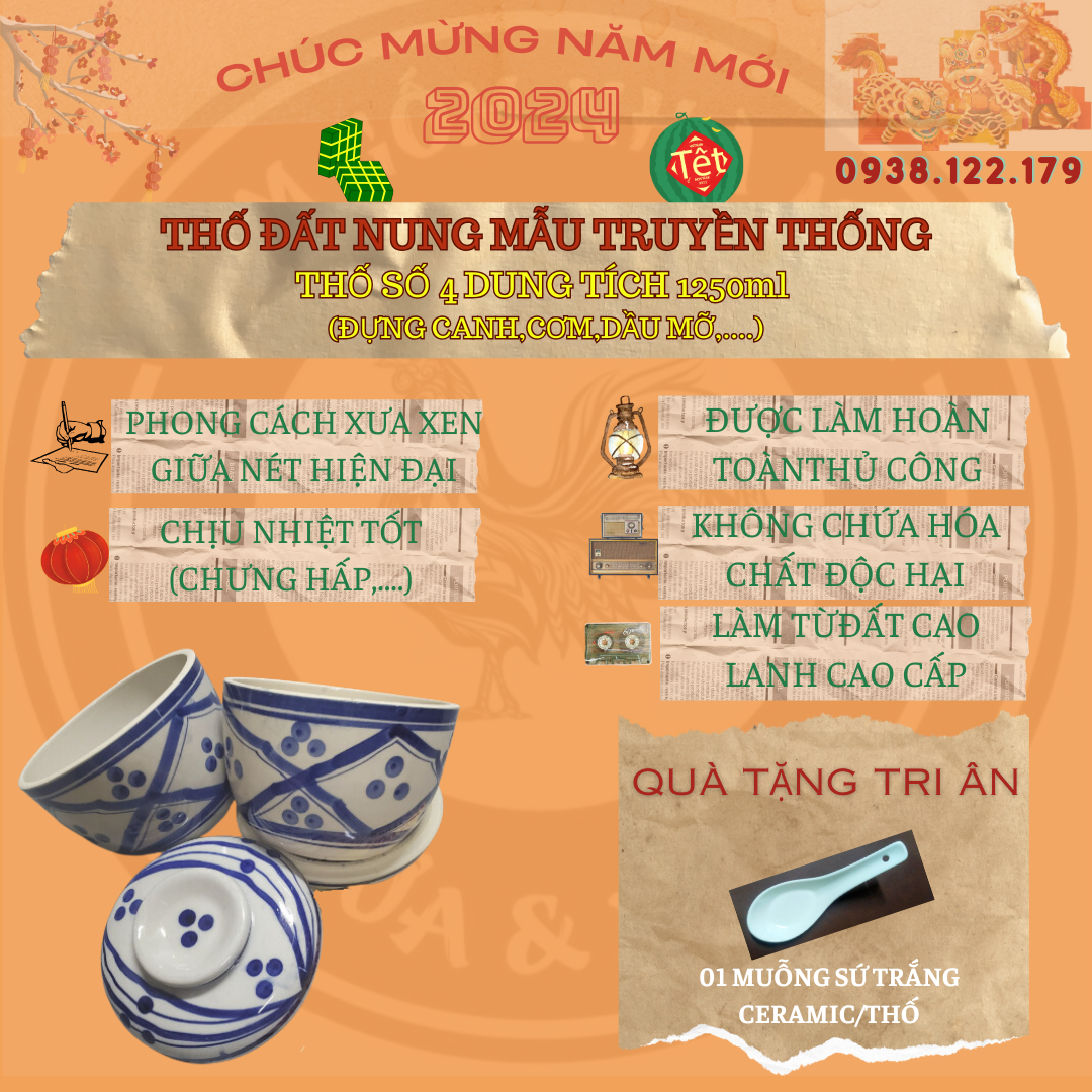 Thố hủ đất nung truyền thống số 4 dung tích 1l250ml