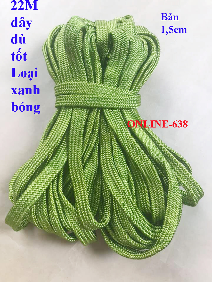 Dây dù xanh bóng loại tốt - Bản 1,5cm , dày 0,3cm . Bó 21 Mét . Dùng để giăng võng, cột hàng