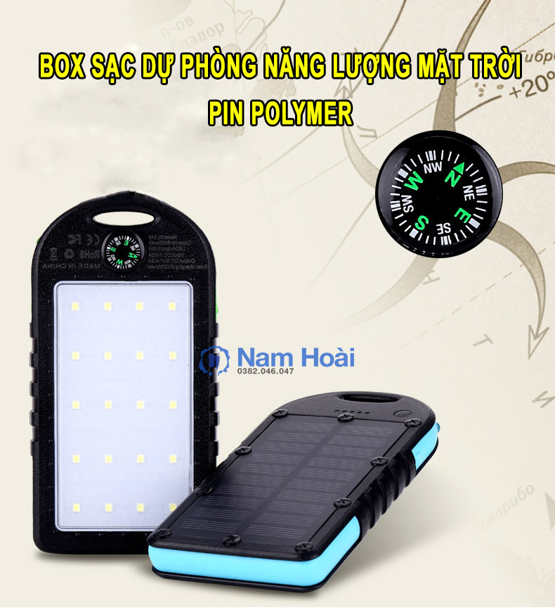 Box sạc dự phòng pin li-polymer năng lượng mặt trời, la bàn, kiêm đèn pin siêu sáng solar charger n10