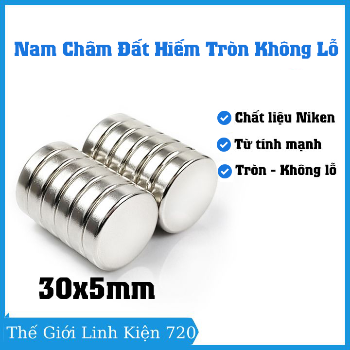 Nam châm vĩnh cửu tròn không lỗ kích thước 30x5mm, nam châm trắng từ tính siêu mạnh