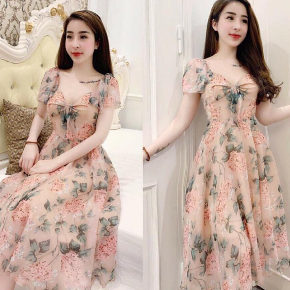 Đầm Nữ Vải Lụa Voan Hoa Cổ thắt Nơ Thời Trang Nữ Dự Tiệc