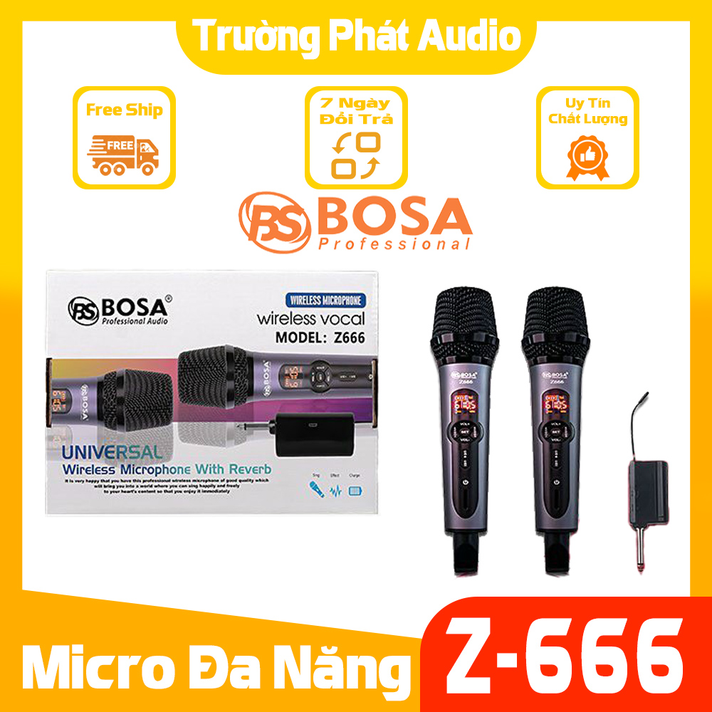 Micro đa năng cao cấp Bosa Z666 tích hợp sẵn 5 chế độ echo,gồm 2 tay mic ,hát được trên loa kéo,loa blutooth,karaoke gia đình….