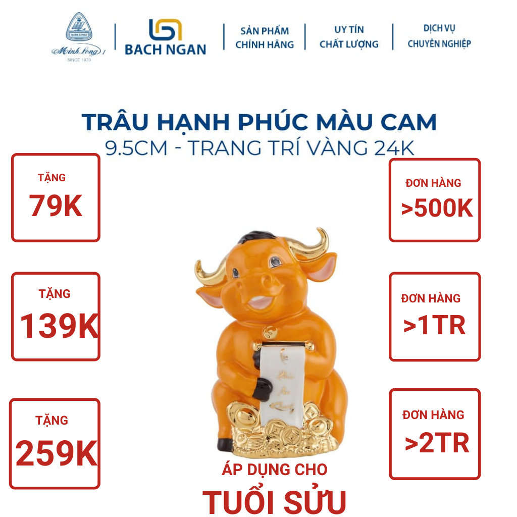 Tượng Trâu Phong Thủy Hạnh Phúc Sứ Minh Long 9.5 cm nhiều màu, trang trí vàng 24K đẹp, cao cấp tặng quà, trang trí để bàn