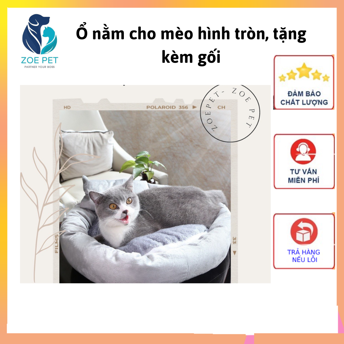 Ổ nệm cho chó mèo hình tròn, tặng kèm gối, ổ êm ái giúp chó mèo có những giấc ngủ ngon