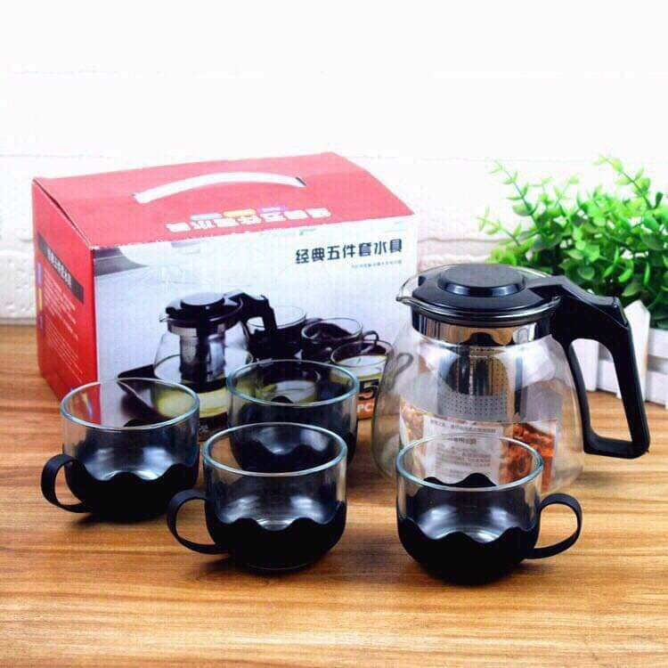 Bình Pha Trà, Cafe Glass TeaPot Cao Cấp 700ml Tặng Kèm 4 Ly Sang Trọng - Bình Pha Trà có lõi lọc trà inox - Bình pha chế trà cafe tiện lợi 2in1 đẳng cấp sang trọng - Bộ Bình Lọc Trà Thủy Tinh
