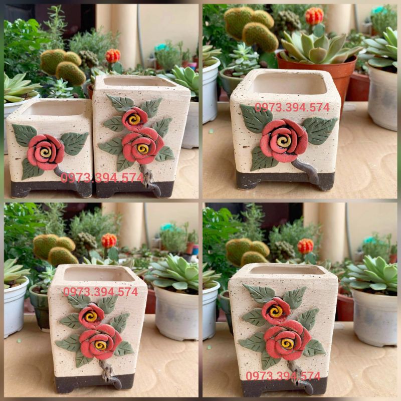 Chậu Gốm Sứ Bát Tràng- Chậu Vuông Đắp Hoa Nổi Xuất Hàn