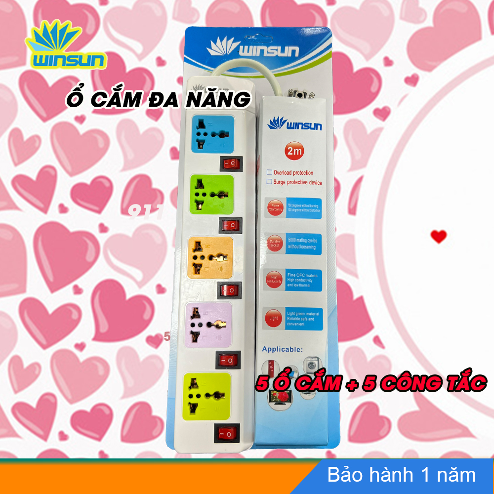 Ổ cắm điện đa năng, ổ cắm 5 công tắc, 5 ổ cắm dài 2 mét 355 winsun