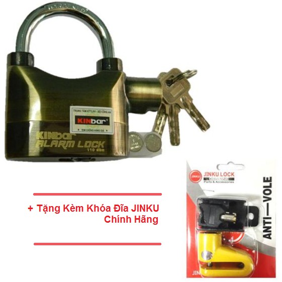 Ổ khóa báo động chống trộm kinbar có tem + tặng kèm ổ khóa đĩa jinku cao cấp chính hãng