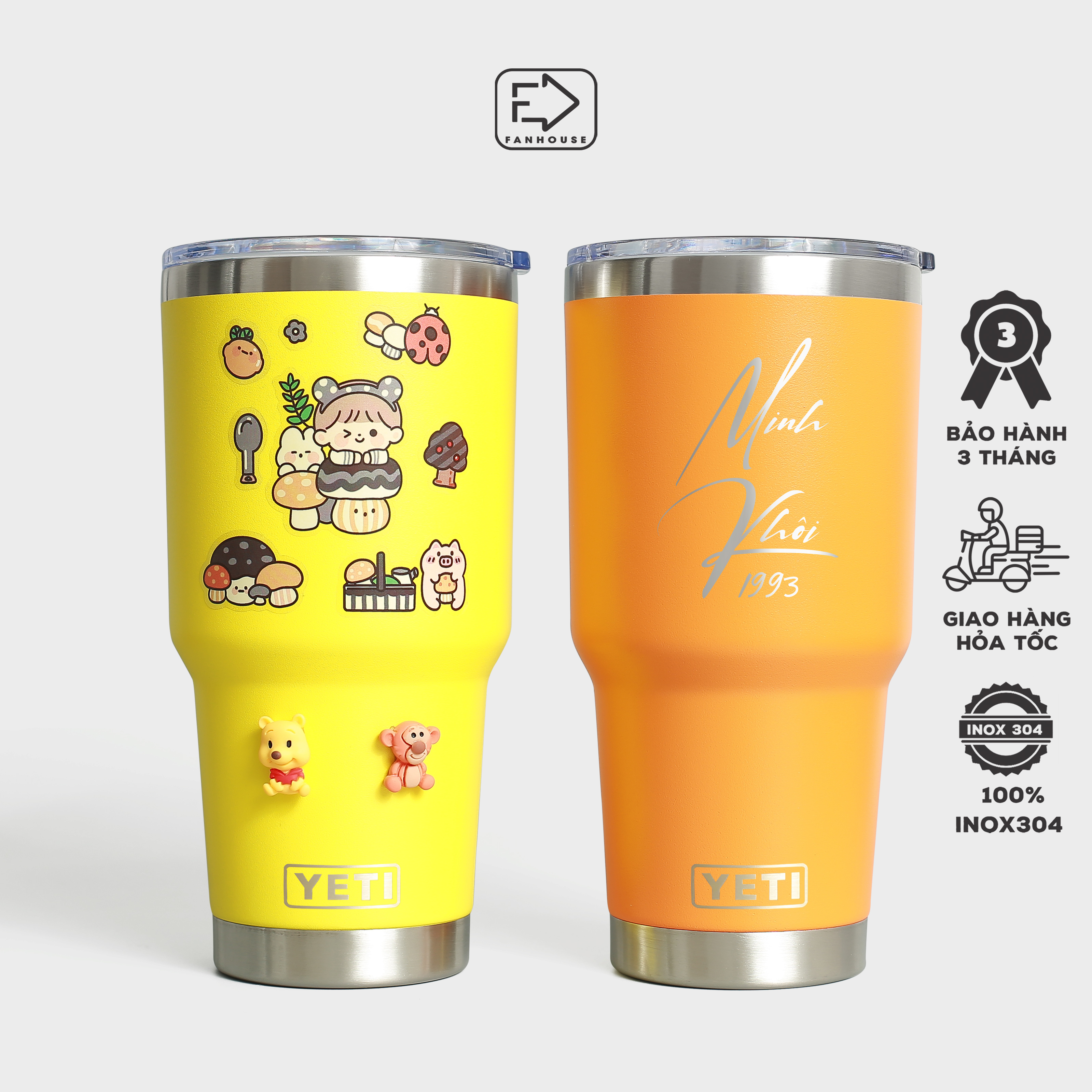 Cốc nước Y.E.T.I 30oz giữ nhiệt 10h ly nước cao cấp inox 304 dung tích 900ml Fan House tặng ống hút, khắc tên theo yêu cầu