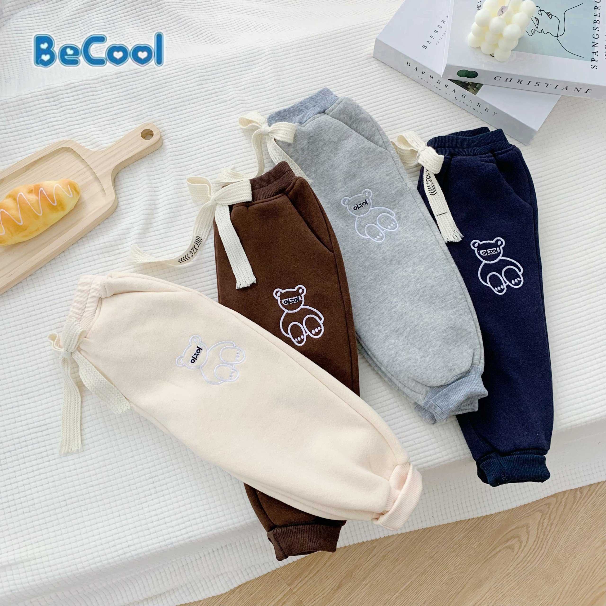 Quần nỉ thêu chú gấu cho bé becool, quần thu đông nỉ bông cao cấp cho bé từ 10-28kg