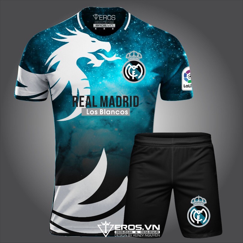 Bộ quần áo đá banh Real xanh ngọc Galaxy rồng thun cao cấp