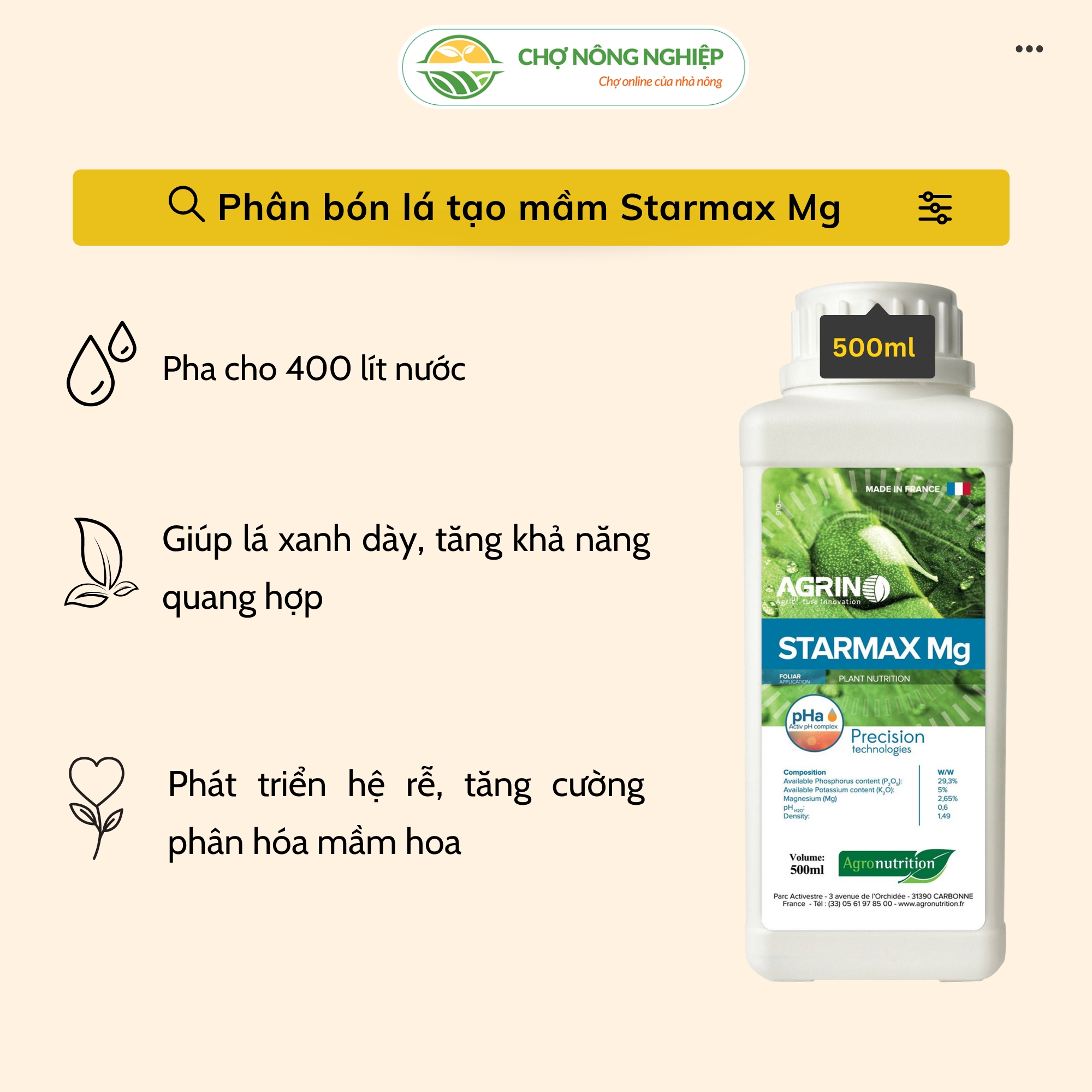 Phân bón lá hỗn hợp Starmax Mg 500ml, giúp lá cây xanh dày