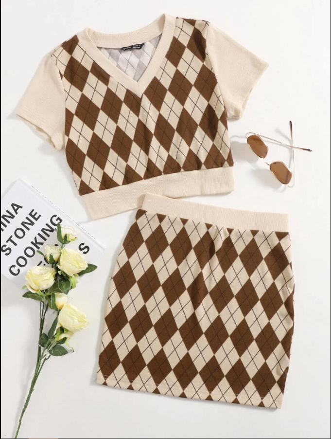 Set áo croptop và chân váy Kẻ Caro phong cách Retro hàng order Shein