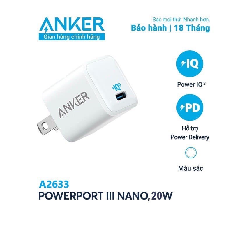 Cốc sạc anker 20w powerport iii nano tích hợp poweriq 3.0 tương thích power delivery 20w - sạc nhanh cho iphone - a2633