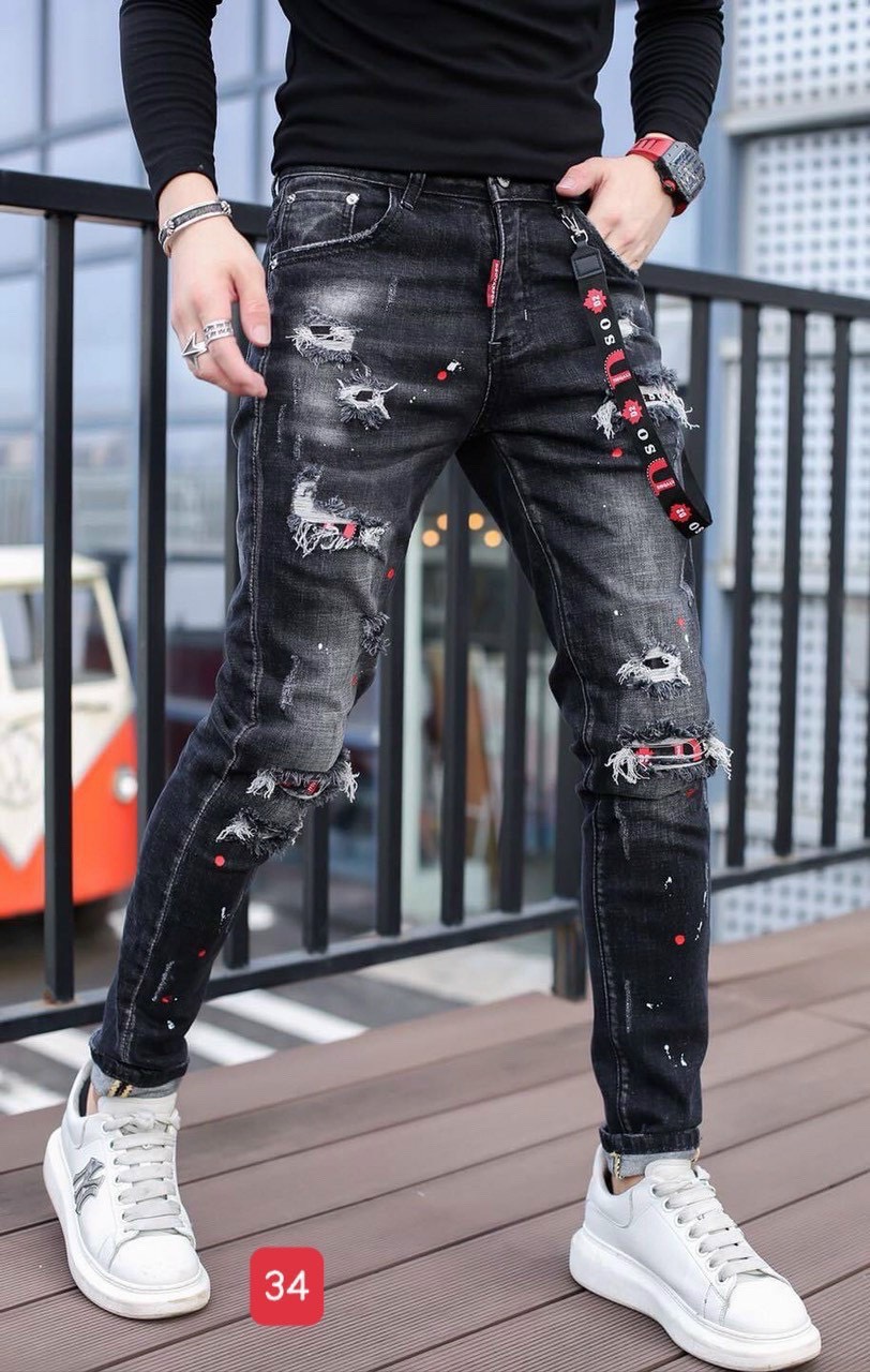 Quần jean nam Hàn Quốc, co giãn, ống suông, màu xám rách đầu gối - Quần bò nam rách vỹ sơn đẹp 2021 cao cấp HUMANFASHI QJNA34