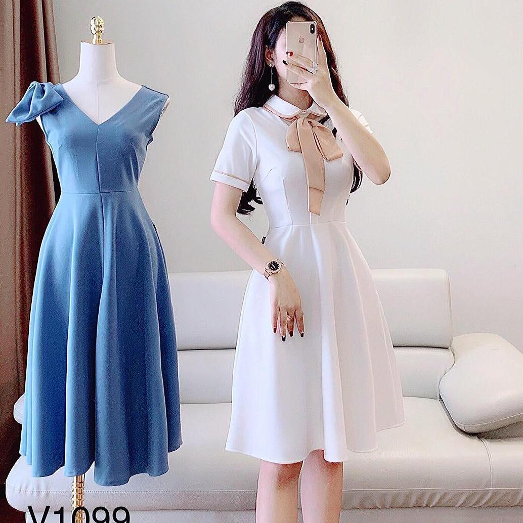 [Mẫu Mới]Đầm Xòe Cổ Trụ Cột Nơ Trắng Tinh Khôi Chất Liệu Thun Thời Trang Nữ HARI