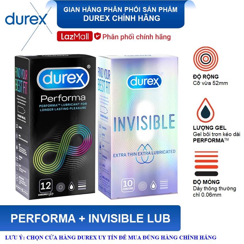 Bộ DUREX NHIỀU NƯỚC: Bao cao su Durex Performa 12 bao + Bao cao su Durex Invisible Lubricanted 10 ba