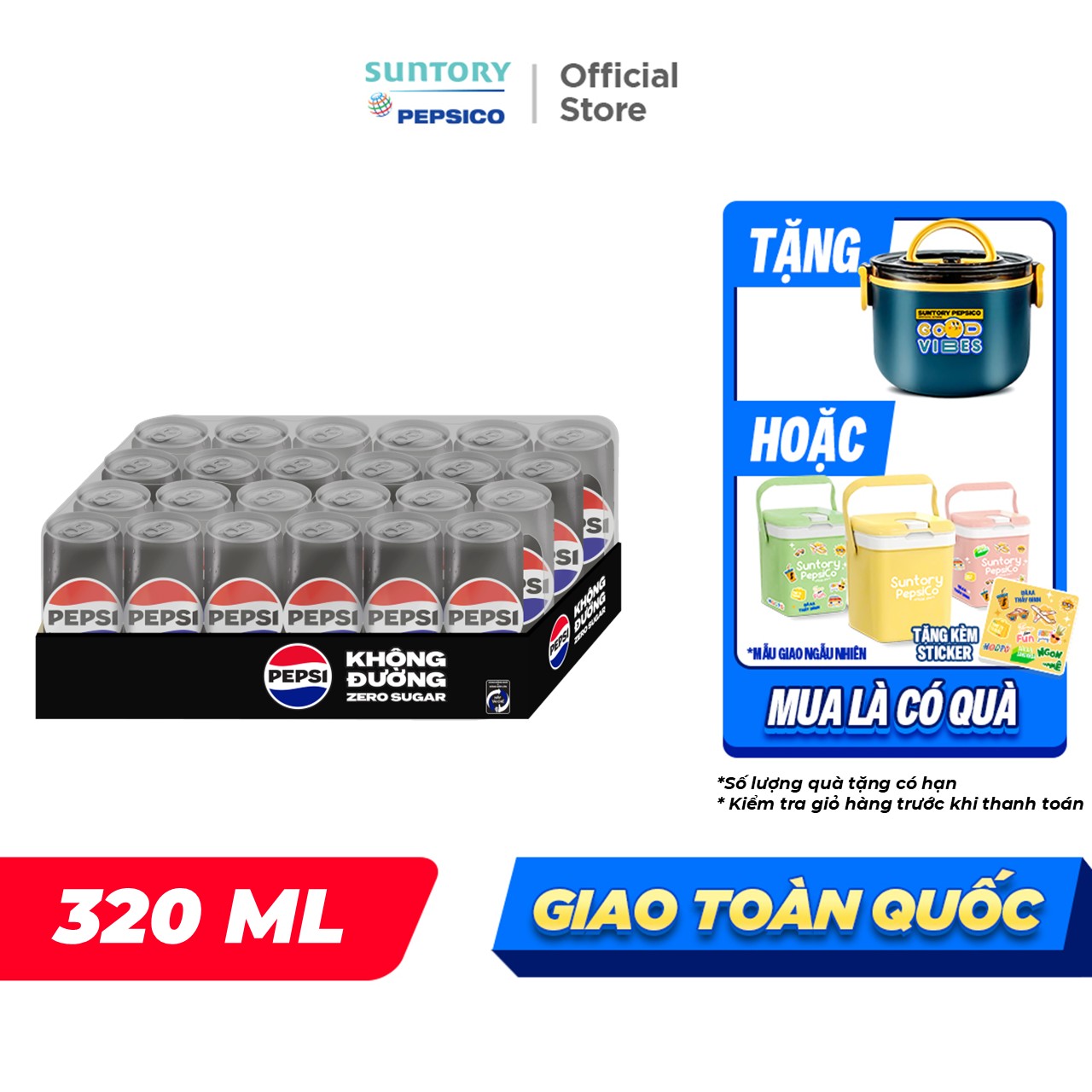 Thùng 24 Lon Nước Uống Có Gaz Pepsi Không Calo, Không Đường (320ml/lon)