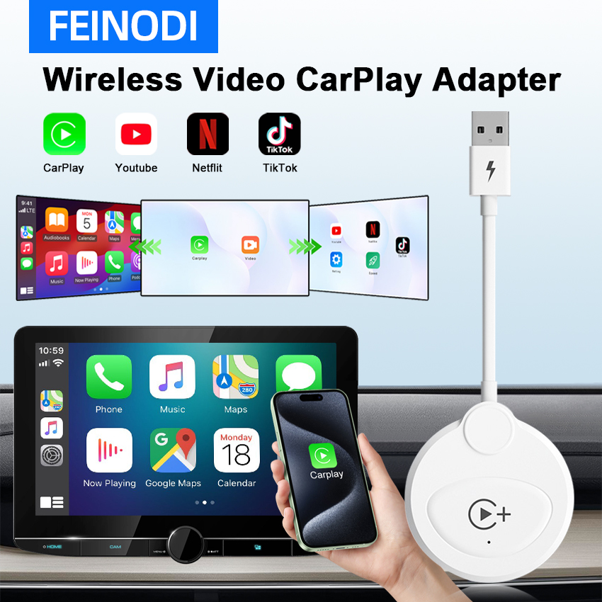 FEINODI Bộ chuyển đổi không dây + video CarPlay, Bộ chuyển đổi CarPlay có dây sang không dây, hỗ trợ cập nhật trực tuyến, cắm và chạy, cho iPhone