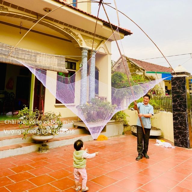 Vó kéo cá sợi dù to rộng thùng thịt cạnh 2m8x2m8 màu trắng