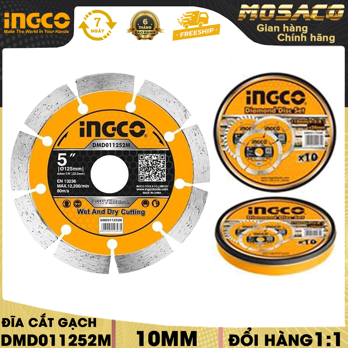 Điã cắt gạch khô INGCO kích thước đa dạng 125mm-230mm. Đĩa cắt có độ rộng hợp kim 7,5mm, lưỡi cắt sắc bén, chịu lực, đóng gói hộp kim loại - MOSACO