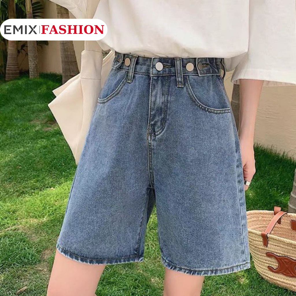 Quần short jeans nữ EMIX, cạp cao 3 khuy, ống rộng, có túi trước
