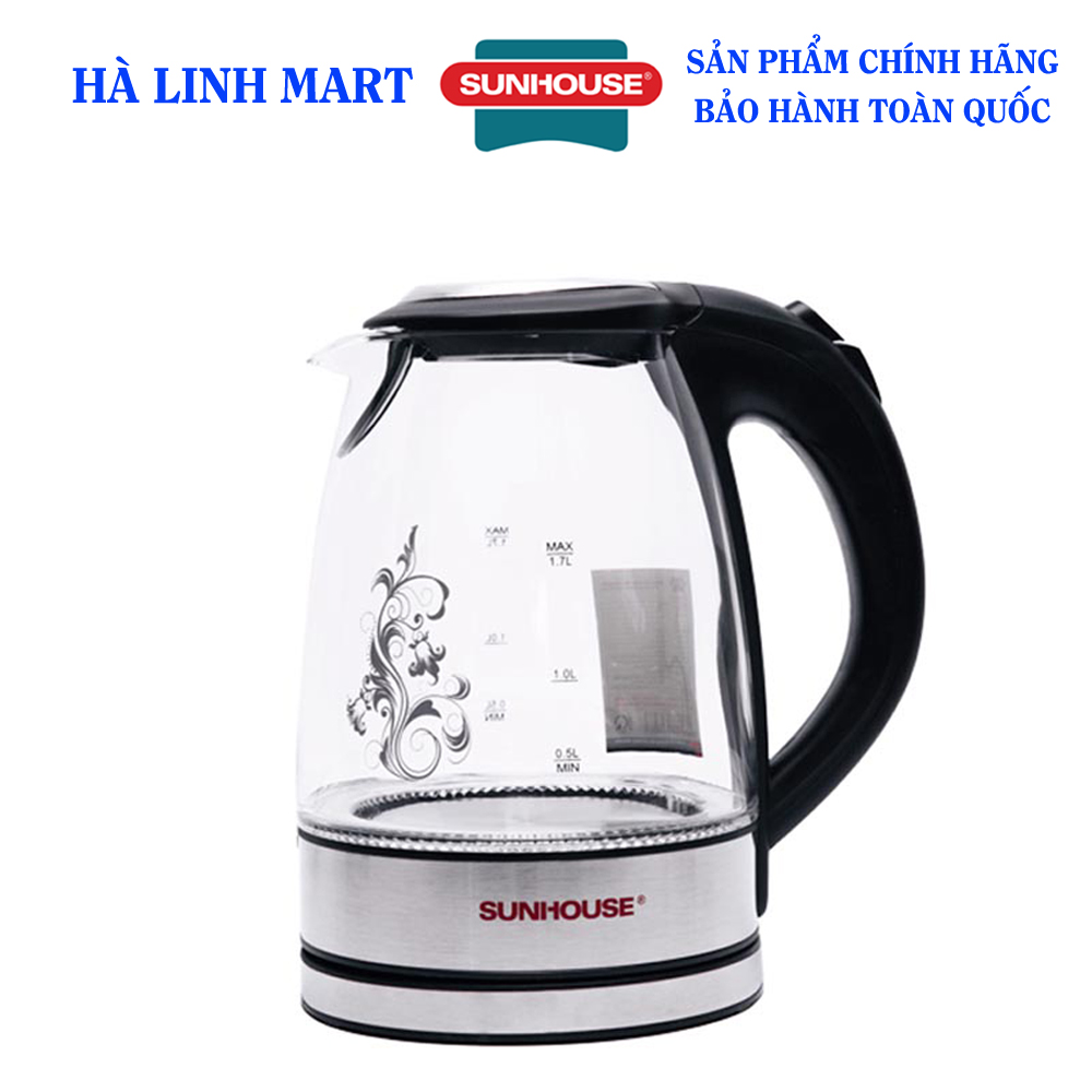 Ấm siêu tốc thủy tinh Sunhouse SHD1217, Bình siêu tốc, Ấm đun nước siêu tốc, Công suất 1850W, Dung tích 1.7 lít,  được bảo hành 12 tháng