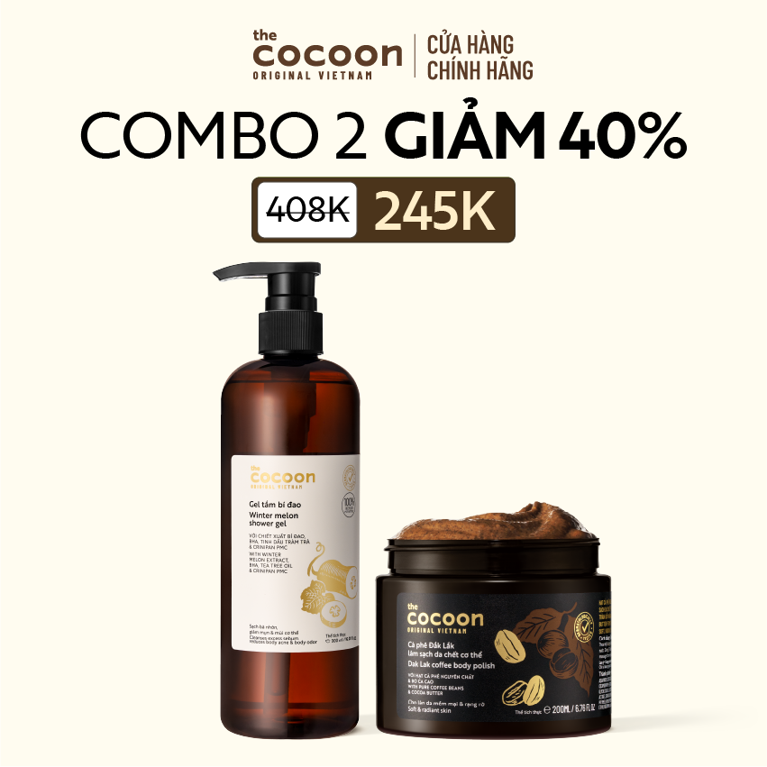 COMBO 1 Gel tắm bí đao 500ml + 1 Hũ Cà Phê Đắk Lắk làm sạch da chết cơ thể 200ml