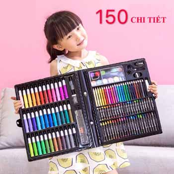 Bộ màu vẽ 150 chi tiết, Hộp viết màu sáng tạo cho bé gồm màu sáp, màu nước, thước kẻ, kéo,...