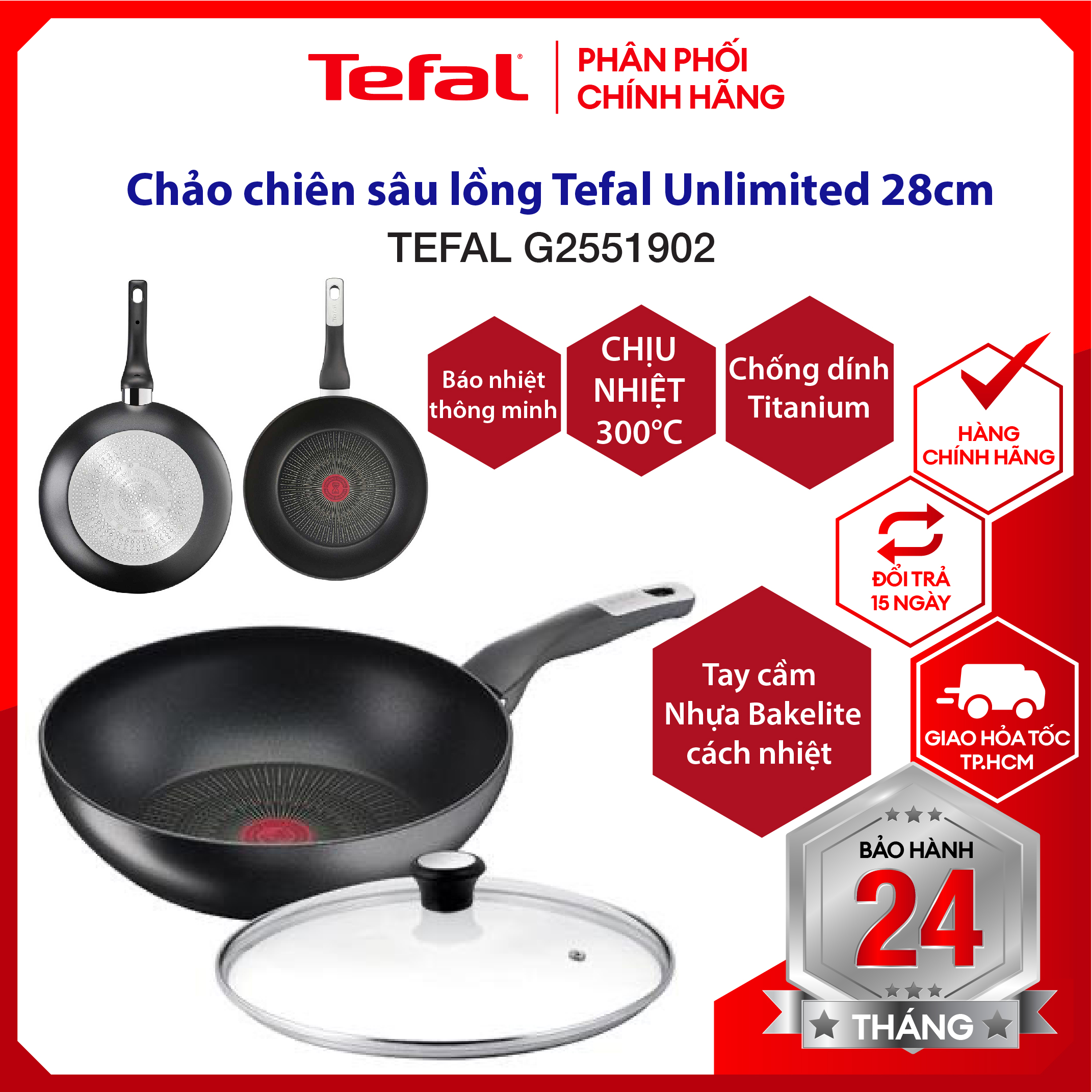 |HỎA TỐC 2H| Chảo chiên sâu lồng, chảo chống dính Tefal Unlimited 28cm (G2551902) - sản xuất tại Pháp, báo nhiệt thông minh, dùng cho mọi loại bếp - bảo hành 2 năm