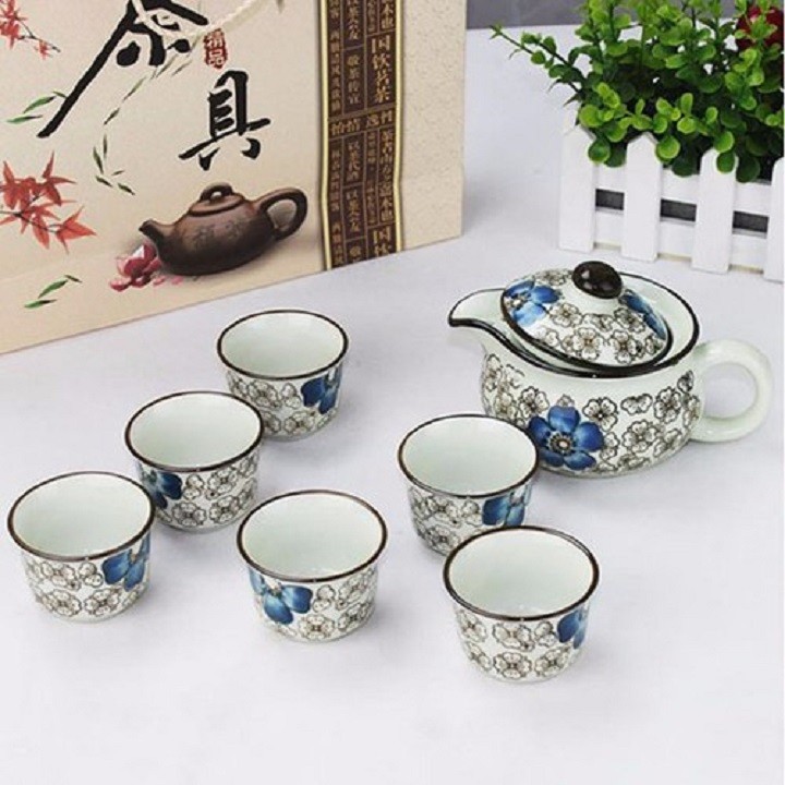 Bộ ấm pha trà nhật bản họa tiết hoa văn có hộp và dây xách tiện lợi - bộ ấm hoa trà - bộ ấm hoa trà nhật bản