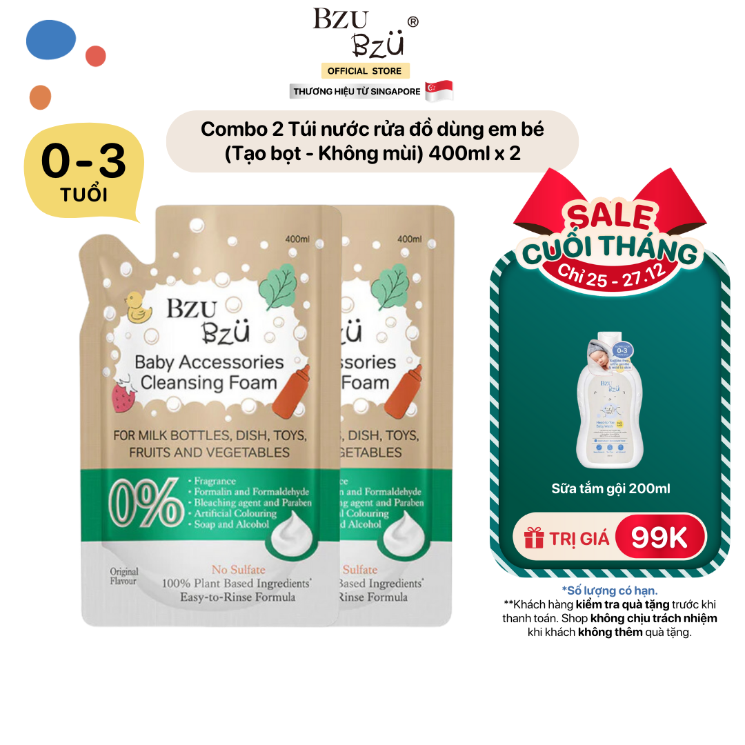 Combo 2 Túi Nước Rửa Bình Sữa Và Đồ Dùng Em Bé BZU BZU Baby Accessories Cleansing Foam Original Tạo Bọt, Không Mùi 400ml