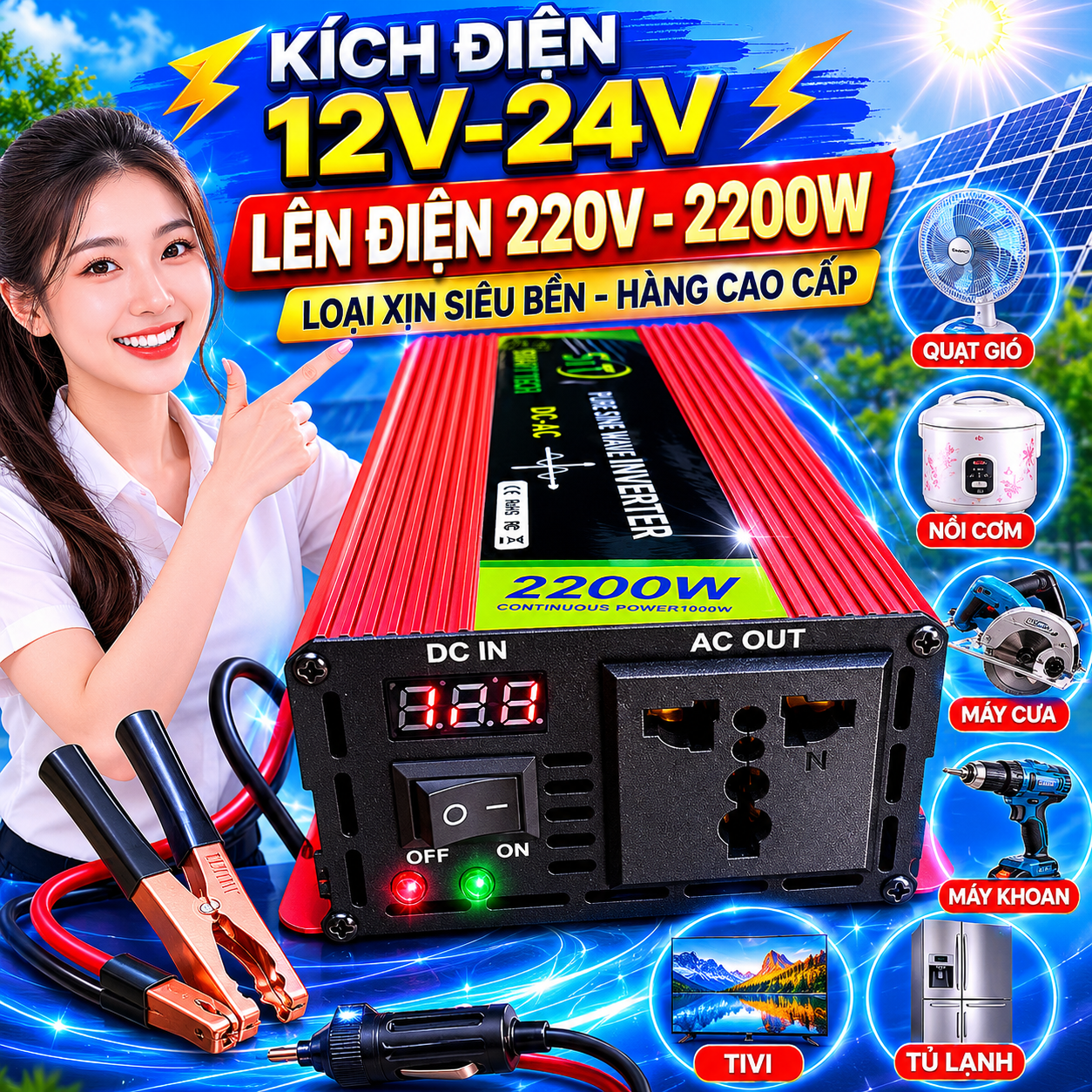 Kích Điện 12v-24V Lên 220V Công Suất 2200W Sin Chuẩn – Hàng Nhật Bền Bỉ, Ổn Định