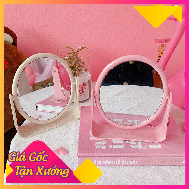 Gương trang điểm để bàn 2 mặt xoay đẹp, cute, gương để bàn chất liệu lúa mạch chữ nhật và bầu dục( GLM02), taphoatoanquoc