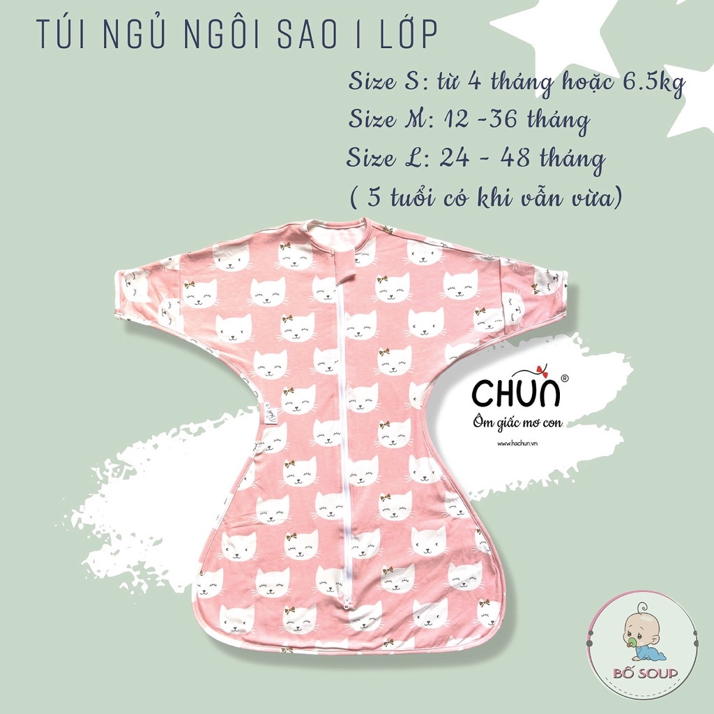 Túi ngủ cho bé chính hãng Chũn cocoon chất liệu cotton hình ngôi sao