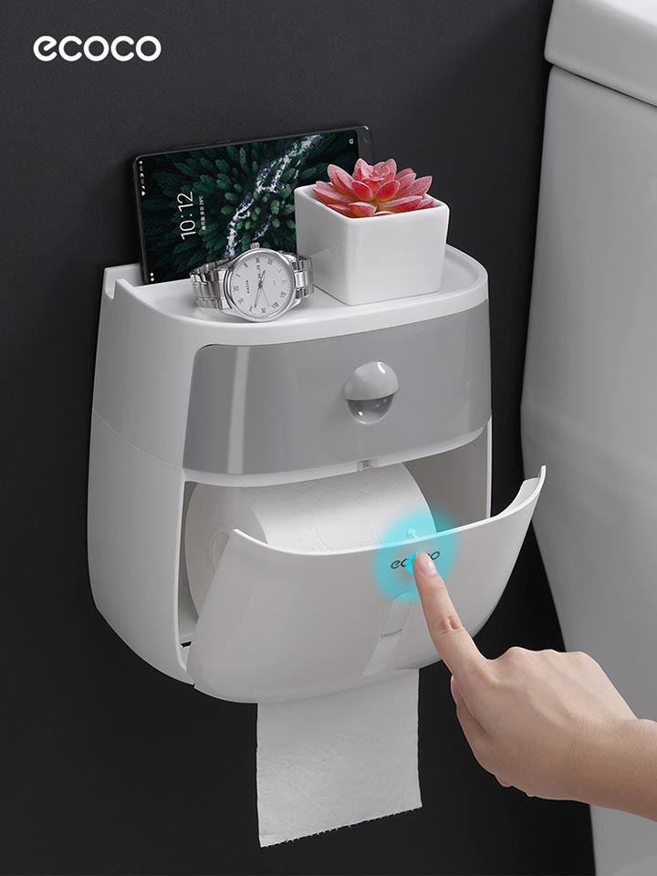 Hộp đựng giấy vệ sinh Ecoco có ngăn kéo kèm miếng dán cường lực, hộp đựng giấy vệ sinh không thấm nước