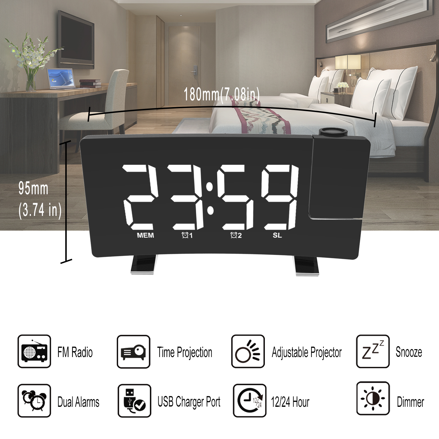 2022 NEW Curved screen LED Digital Projection Alarm Clock Table Electronic Alarm Clock with Projection Time Projector Bedroom Bedside Clock Đồng Hồ Báo Th