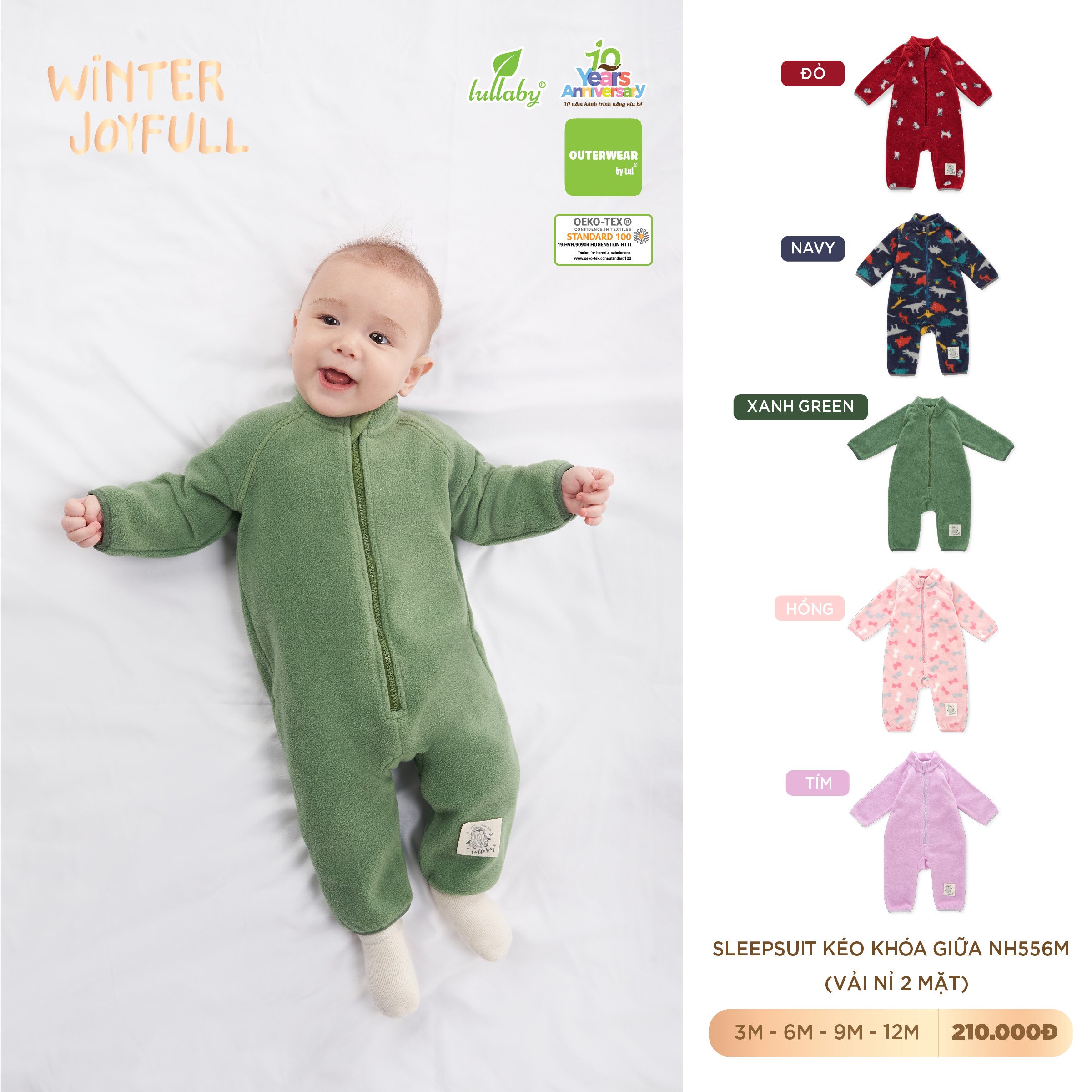 LULLABY - Bộ Body sleepsuit kéo khóa giữa chất nỉ họa tiết cho bé