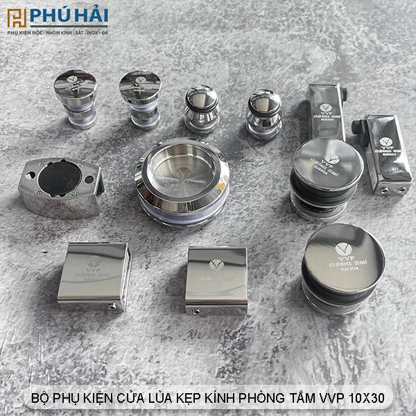Bộ phụ kiện cửa lùa kẹp kính phòng tắm 10x30 VVP, Ray lùa inox