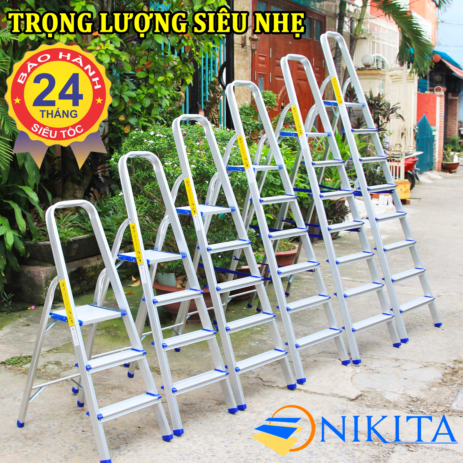 Thang nhôm ghế tay vịn 0.6m,0.8m,1m,1.2m,1.4m,1.6m nikita nhật bản al03,al04,al05,al06,al07,al08 thang gia đình, thang xếp gọn