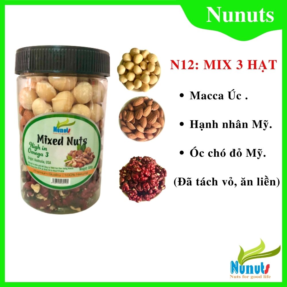 M12: 500g Mix nuts 3 hạt dinh dưỡng đã tách vỏ, ăn liền ( hạt macca, hạt óc chó đỏ, hạt hạnh nhân)