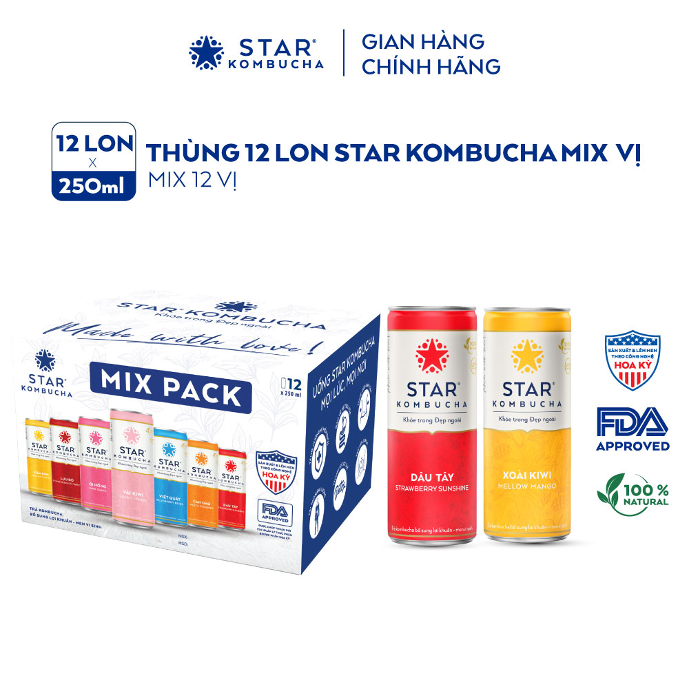 Thùng 12 lon trà STAR KOMBUCHA All-in-one - Trà lên men vi sinh chứa probiotics giúp bảo vệ sức khoẻ, thanh lọc toàn diện, tăng đề kháng