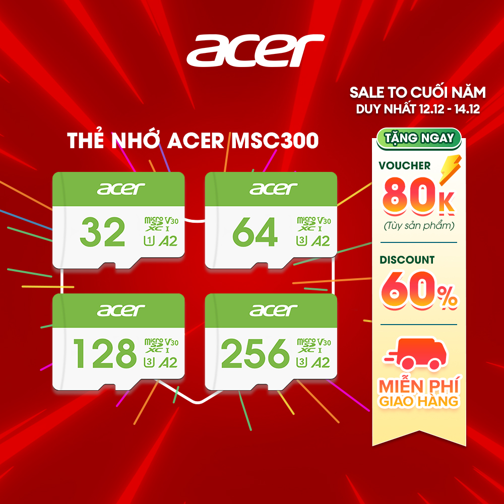 [Tặng Voucher 60K] Thẻ nhớ Acer MicroSD Card MSC300 4K UHS-I tốc độ đọc/ghi lên đến 160/120MB/s - Hàng chính hãng bảo hành 5 năm | Thẻ nhớ camera chuyên nghiệp 64GB |128GB | 256GB