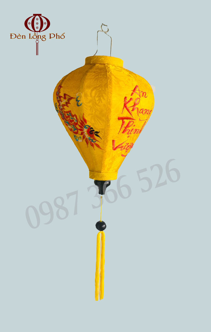 Đèn lồng Hội An thêu Long Phụng trang trí tết - Kiểu Tỏi - mau vàng - size 30 cm