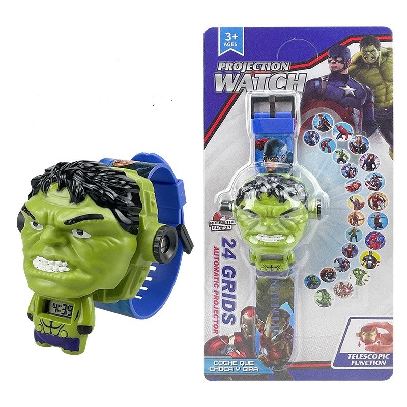 Đồng hồ điện tử chiếu 24 hình 3d cho bé người khổng lồ hulk, người nhện, doraemon, chó cứu hộ, hello kitty