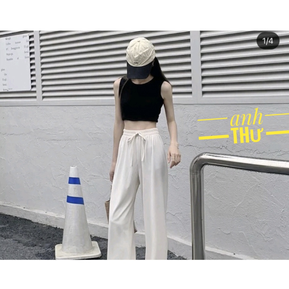 Quần Ống Rộng Thun Tăm Xuất Hàn Lưng Cao Cạp Chun Dây Rút Dáng Xuông Dài Quần Culottes Ống Suông Co Dãn Vải Mềm Mát Lạnh