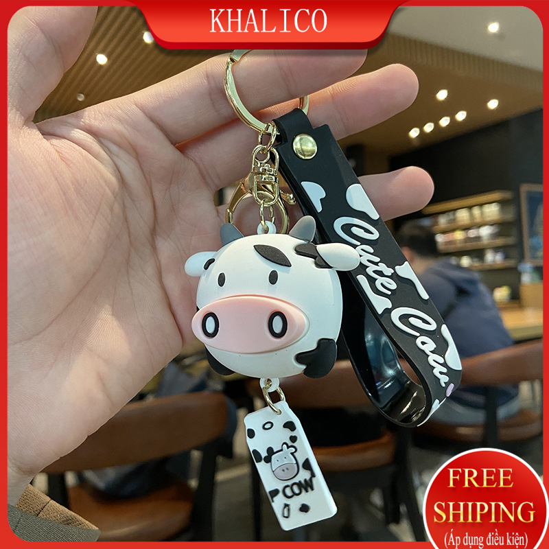 [FREESHIP] Móc khóa xe, treo cặp đi học KHALIK -  MK01829 - Chú bò Cute Cow (dây đen)