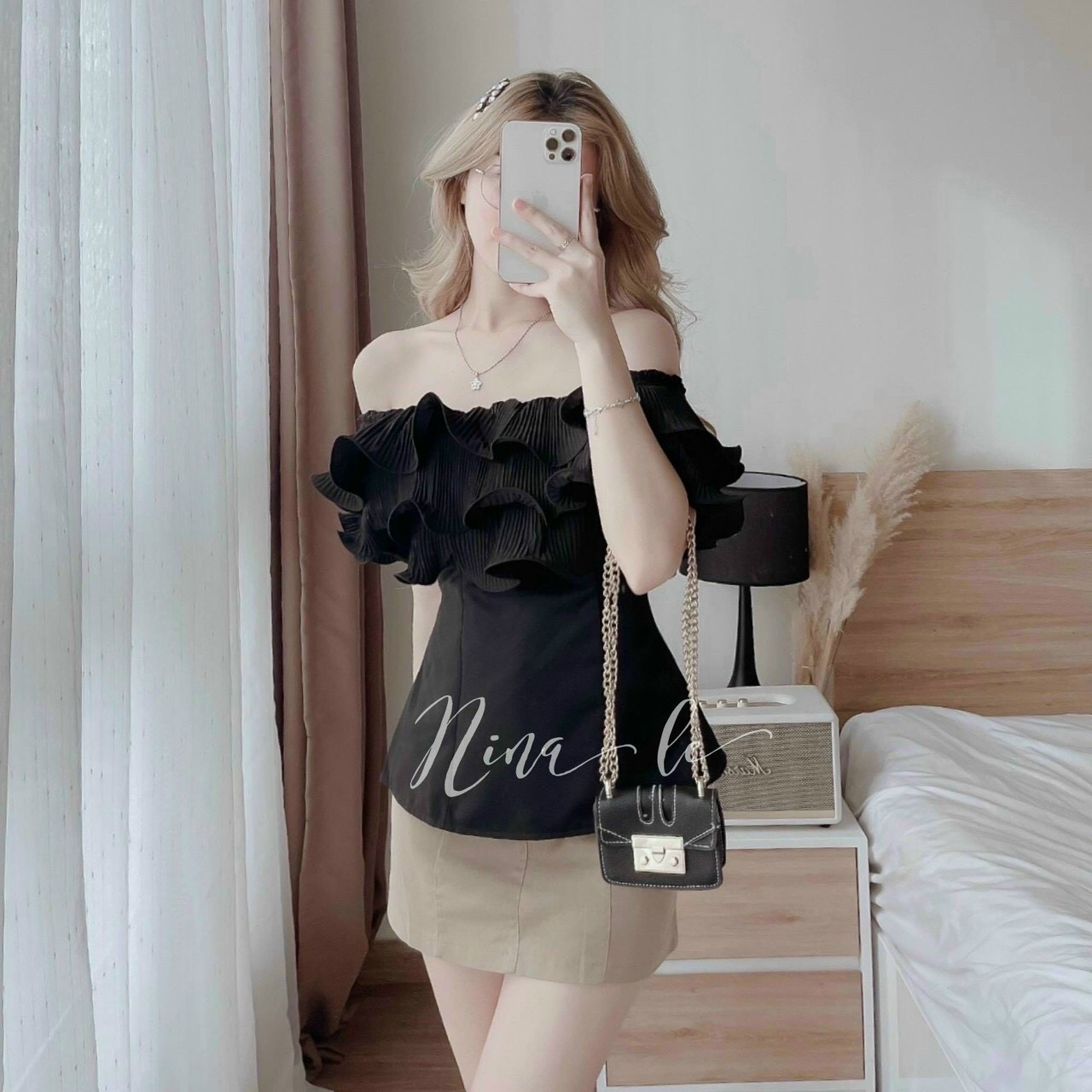 Áo trễ vai 2 tầng gongzu hàng bo, áo croptop trễ vai 2 tầng cộc tay, tay bồng bánh bèo