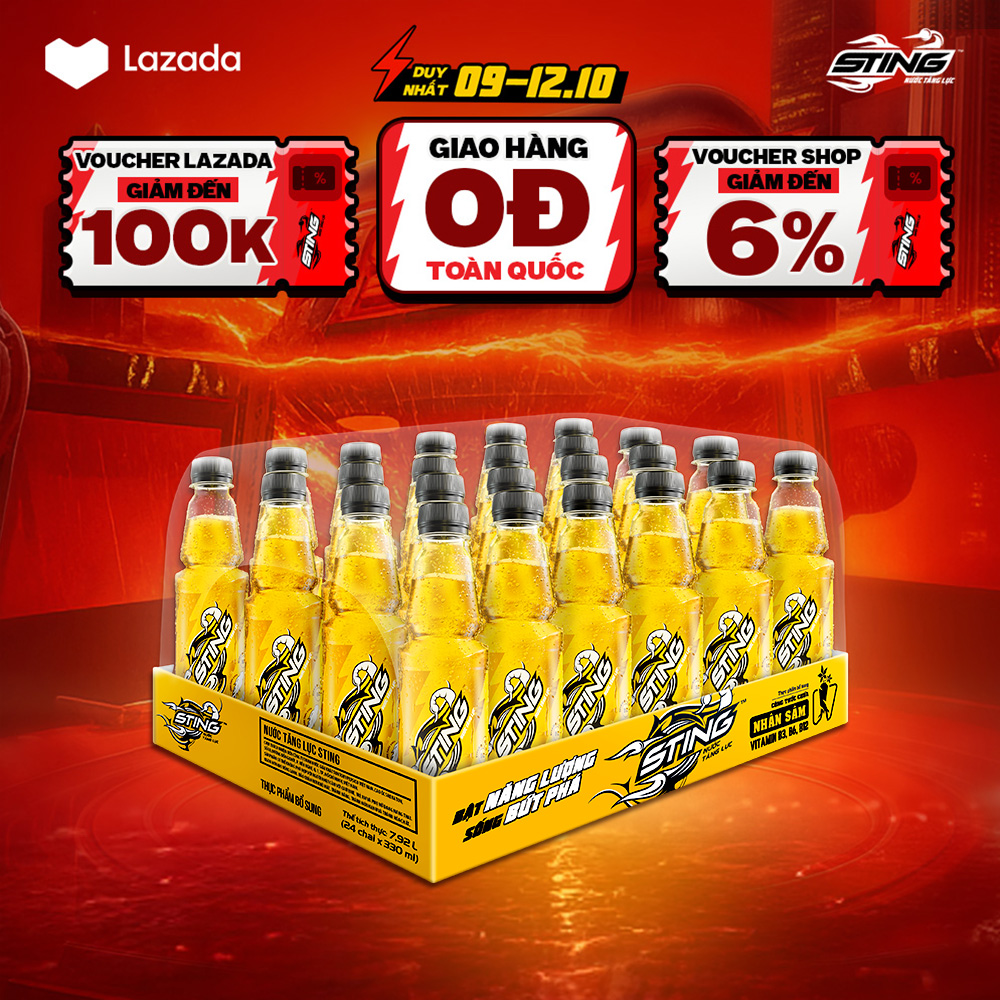 [SALE 10.10-VC ĐẾN 12%] Thùng 24 Chai Nước Tăng Lực Sting Vàng (330ml/chai)