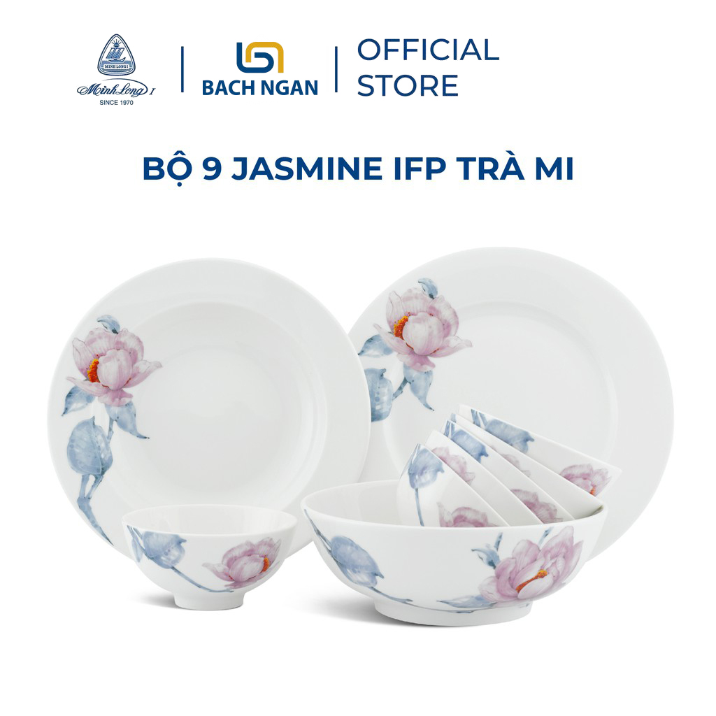 Bộ chén dĩa sứ Minh Long 9 sản phẩm Loại 1 - Jasmine IFP - Trà Mi dùng cho gia đình, sứ đẹp cao cấp dùng đãi khách, tặng quà tết - bộ bàn ăn